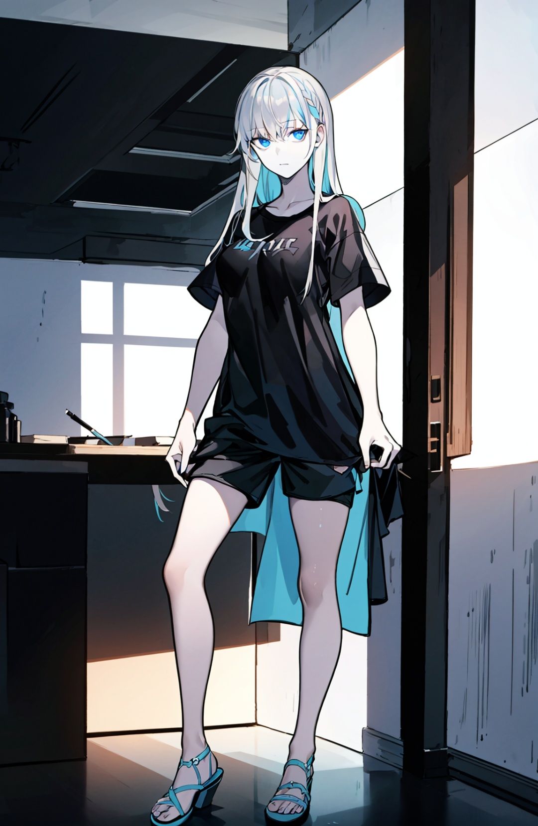 ((masterpiece)), ((ultra-detailed)), ((best quality)), 1girl, long hair, small breasts, makeup, black eyeliner, (expressionless:1.2), ((closed mouth:1.2)), looking at viewer,white hair, blue eyes,black shorts,black tshirt,