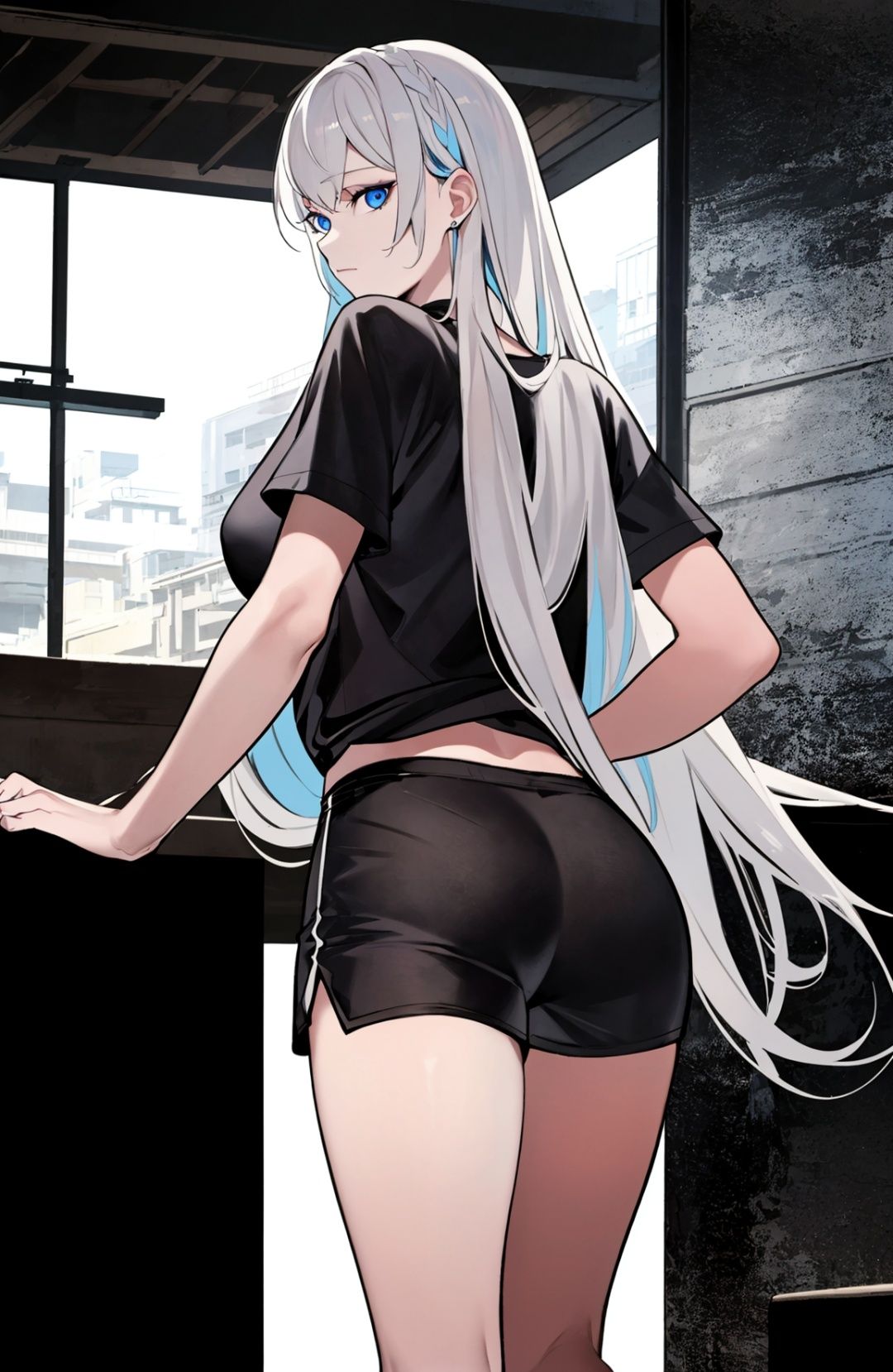 ((masterpiece)), ((ultra-detailed)), ((best quality)),from behind, 1girl, long hair, small breasts, makeup, black eyeliner, (expressionless:1.2), ((closed mouth:1.2)), looking at viewer,white hair, blue eyes,black shorts,black tshirt,