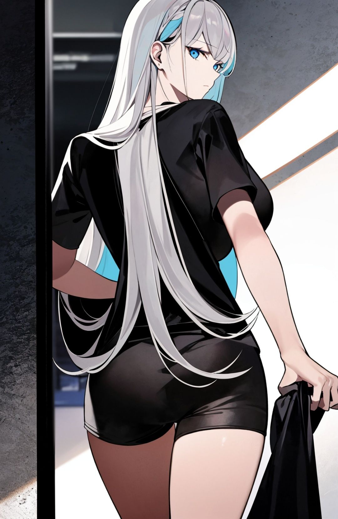 ((masterpiece)), ((ultra-detailed)), ((best quality)),from behind, 1girl, long hair, small breasts, makeup, black eyeliner, (expressionless:1.2), ((closed mouth:1.2)), looking at viewer,white hair, blue eyes,black shorts,black tshirt,