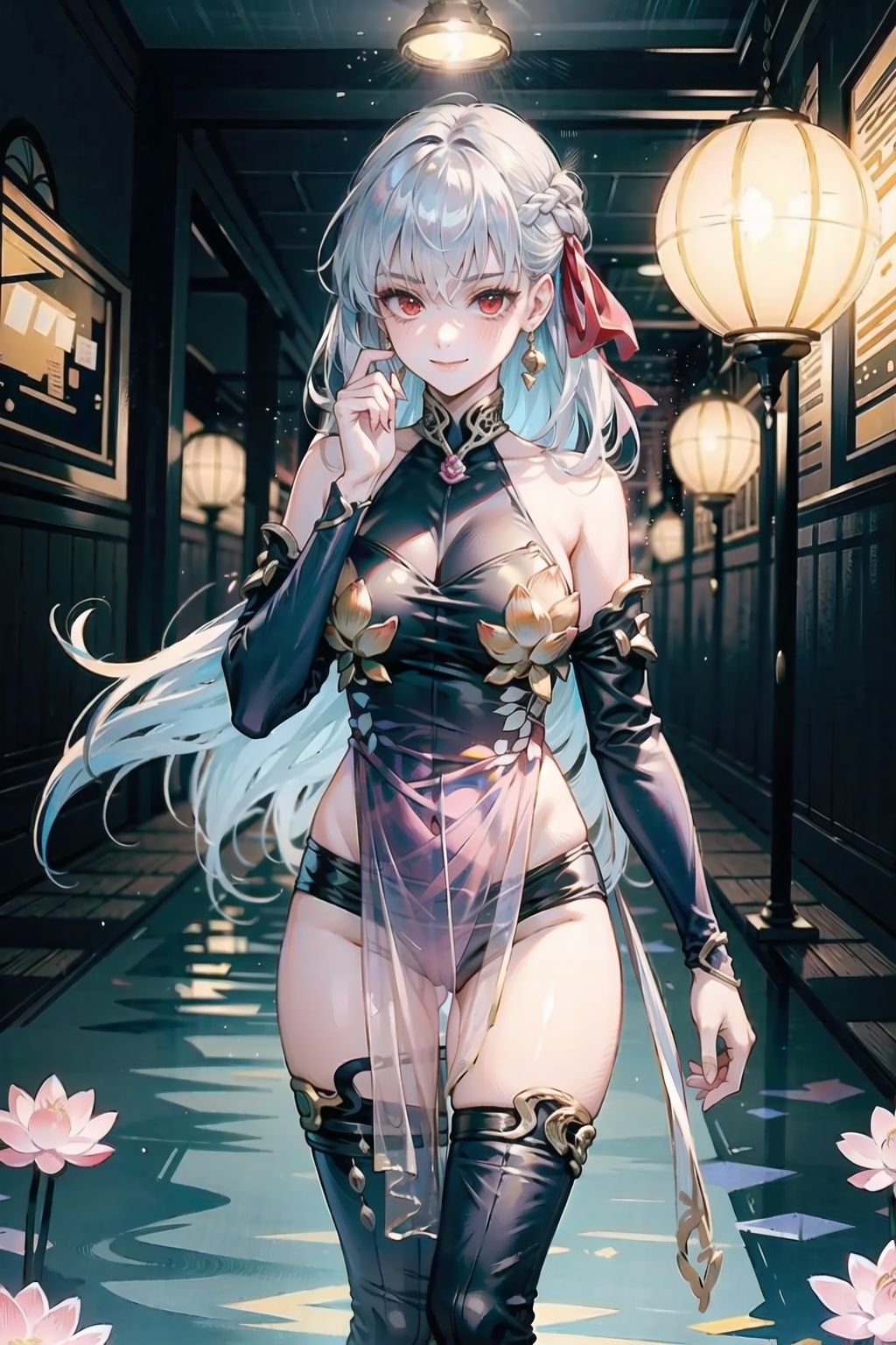 (((extremely detailed CG))), ((8k_wallpaper)),masterpiece,best quality,hyper detailed, solo focus,full body,cowboy shot,depth_of_field,cinemaitic lighting,

kama \(fate\),kamaadult,mature female,(beautiful detailed face),blush,(red eyes),(beautiful detaied hair),long hair,(big breasts),bare shoulder

kamacostume

evil smile,looking at view

lotus pond,
