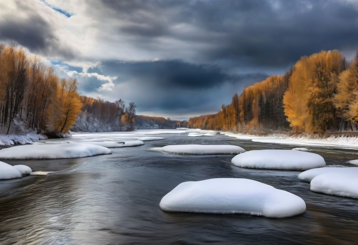 photograph of skyscape with clouds at day in river in snowing ,  grand composition,  masterpiece on Tensor.Art