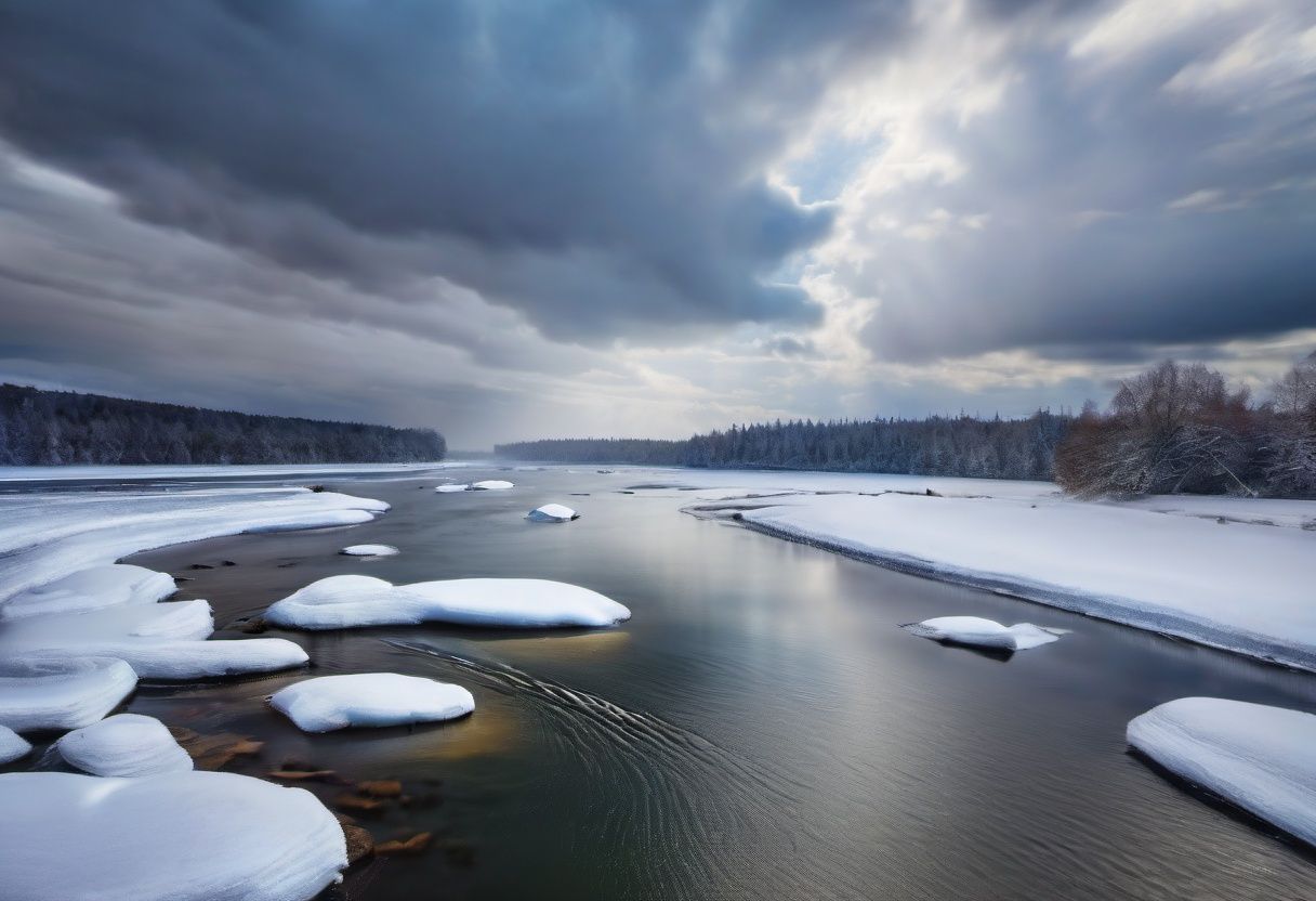 photograph of skyscape with clouds at day in river in snowing ,  grand composition,  masterpiece on Tensor.Art