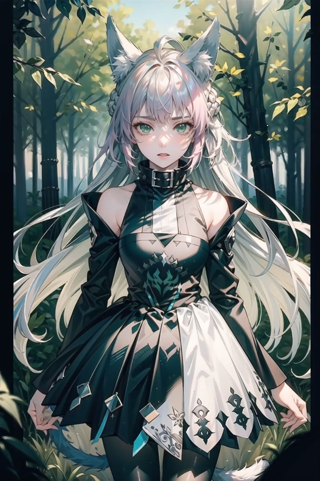 (((extremely detailed CG))), ((8k_wallpaper)),masterpiece,best quality,hyper detailed, solo focus,cowboy shot,depth_of_field,cinemaitic lighting,

atalantaalterone,(beautiful detailed face),(green eyes),(beautiful detaied hair),long hair,white tail

expressionless,looking at view

open country,forest
