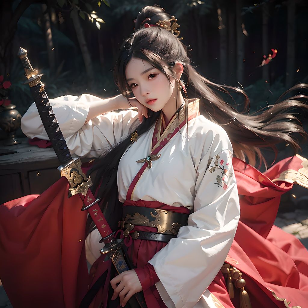 Best quality, masterpiece, (photosensitivity: 1.4), 1Girl, Dynamic pose，dressed in ancient Chinese clothing, swordsman, holding sword, scabbard, hilt, forest background, best quality, masterpiece, 8k, Unreal 5 rendering