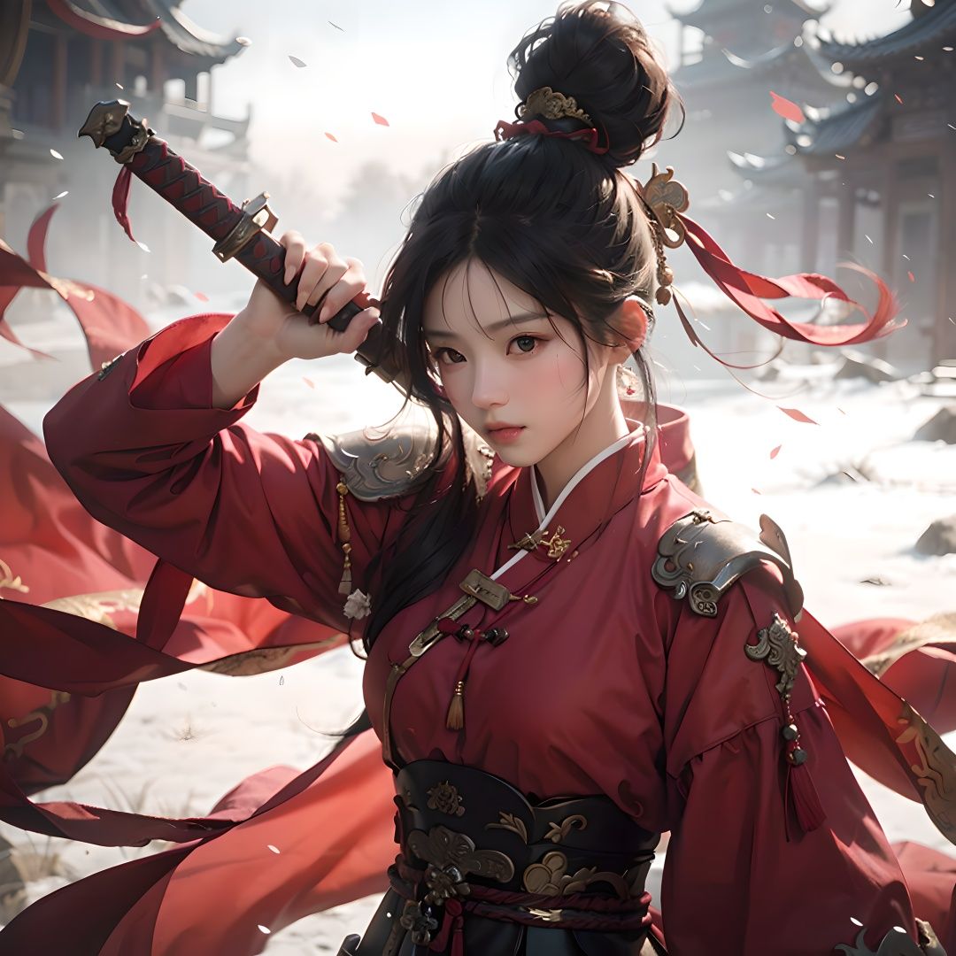 Best quality, masterpiece, (photosensitivity: 1.4), 1Girl, Dynamic pose，dressed in ancient Chinese clothing, swordsman, holding sword, scabbard, hilt, forest background, best quality, masterpiece, 8k, Unreal 5 rendering
