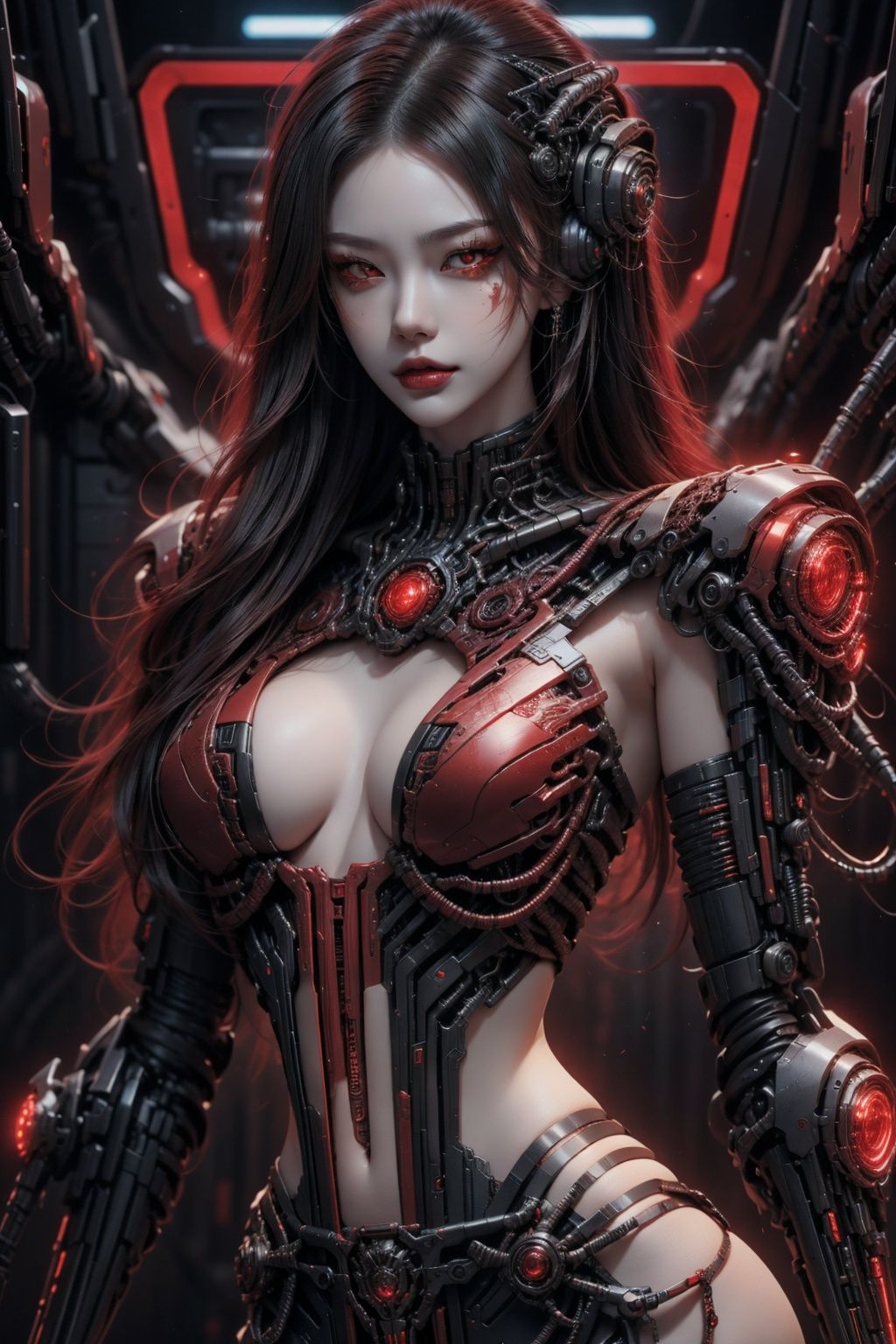 (Beautiful woman with cyberpunk clothes and red eyes),  ,  perfect anatomy on Tensor.Art