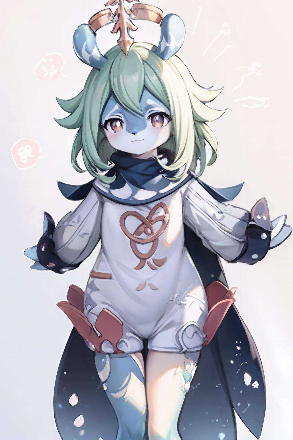 masterpiece, best quality,    <lora:Melusine:1>,(furry, melusine,:1.3), <lora:paimon:1>,paimon \(genshin impact\), halo,white hair,white dress,cape,simple background, blue skin
