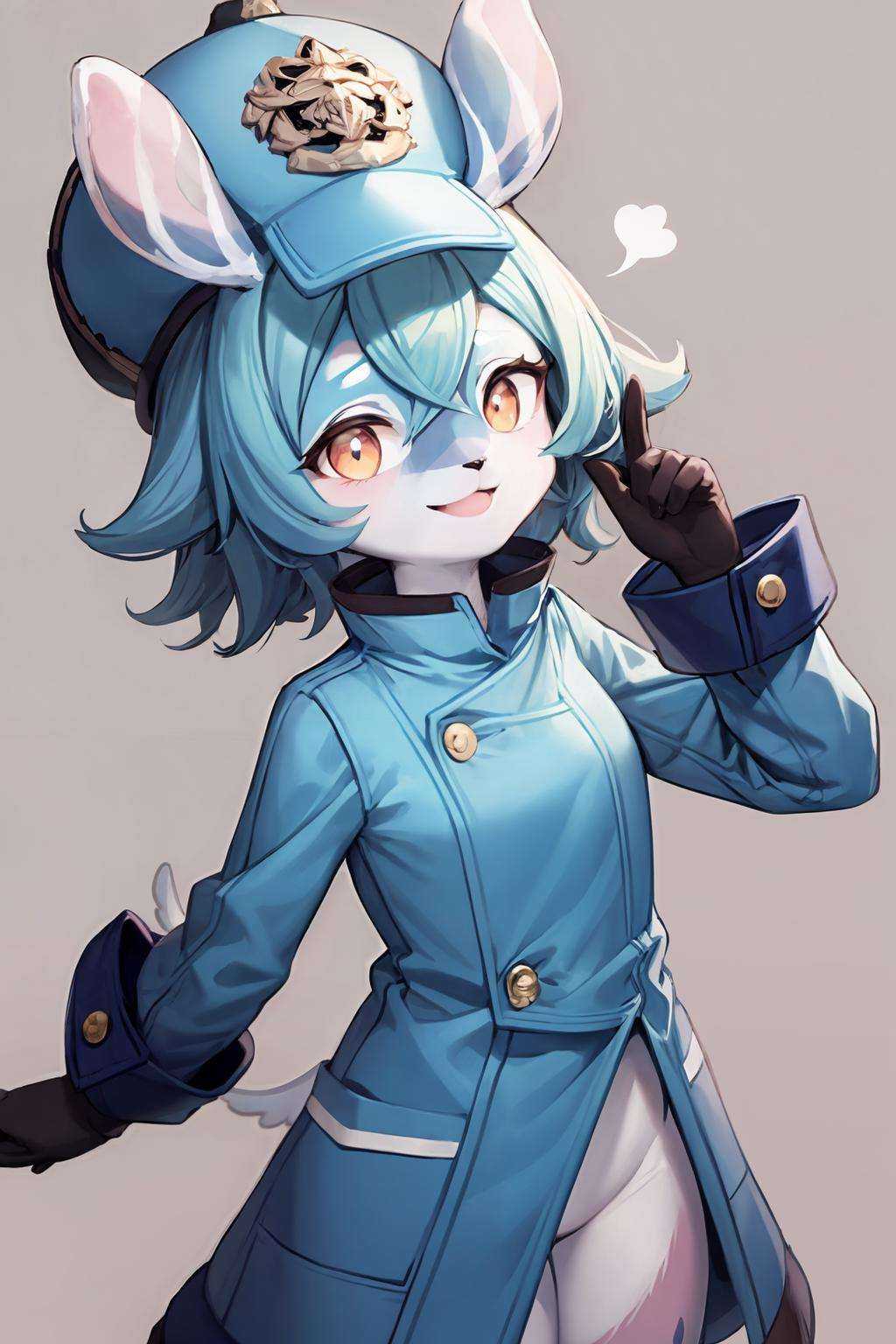 masterpiece, best quality,    <lora:Melusine:1>,furry, melusine, hat,blue coat,smile,grey background, 