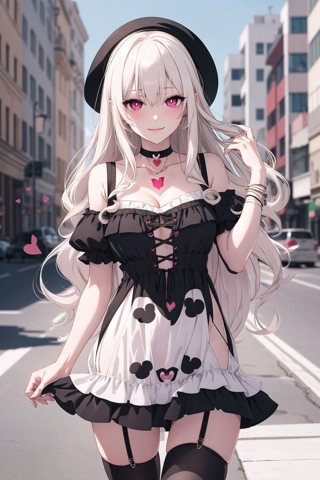 breasts, 1girl, thighhighs,swf,long hair, garter straps, jewelry, cleavage, (RED eyes), (small breasts), looking at viewer, black choker, outdoors, necklace, shirt, bag, choker, (platinum blonde hair), (absurdly long hair:1.4),(curly_hair:1.2),( crossed bangs:1.2),short sleeves, (summer_dress:1.5), (heart-shaped pupils:1.5), collarbone, smile, covered navel, cowboy shot, bangs, black thighhighs, holding, thigh gap, closed mouth, skindentation, holding bag, solo, thighs, street, city, taut clothes, solo focus, day, road, blush, zettai ryouiki, standing, building, hand up, hair between eyes, black dress, masterpiece, best quality,
