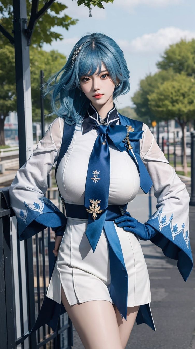 (masterpiece, best quality:1.4),finely detailed,1girl,solo,pale skin,perfect body,glossy skin,(Supergiant huge breasts:1.2),eula \(genshin impact\),<lora:eula:0.75:1,1,1,1,1,0.8,0.6,0,0.6,0.6,0.8,0,0,0,0,0,0>,outdoors,STANCE,blue hair,necktie,