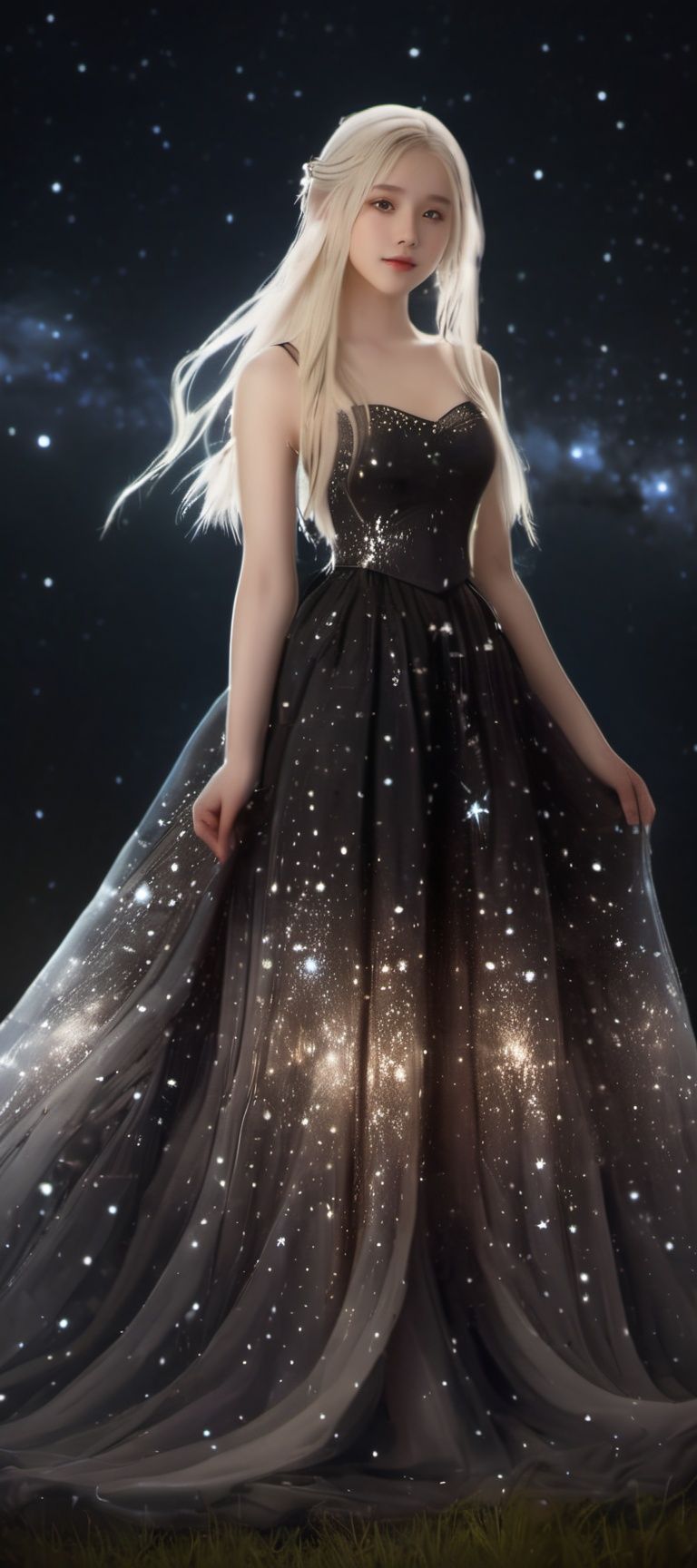 best quality,masterpiece,highres,cg,1girl,Photograph,high resolution,8k,photo of a petite pretty 24 year-old woman with white long hair,anime art,dark,Gothic,cancer,Dingdall effect, Starry Sky Skirt 