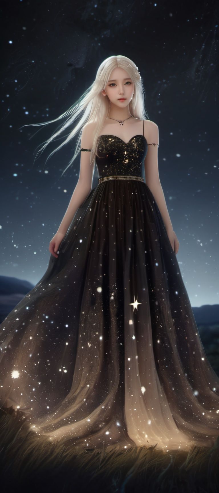best quality,masterpiece,highres,cg,1girl,Photograph,high resolution,8k,photo of a petite pretty 24 year-old woman with white long hair,anime art,dark,Gothic,cancer,Dingdall effect, Starry Sky Skirt 