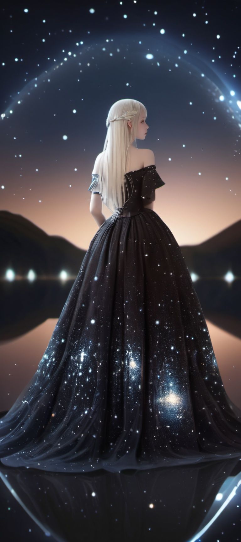 best quality,masterpiece,highres,cg,1girl,Photograph,high resolution,8k,mirror selfie,photo of a petite pretty 24 year-old woman with white long hair,anime art,dark,Gothic,cancer,Dingdall effect, Starry Sky Skirt 
