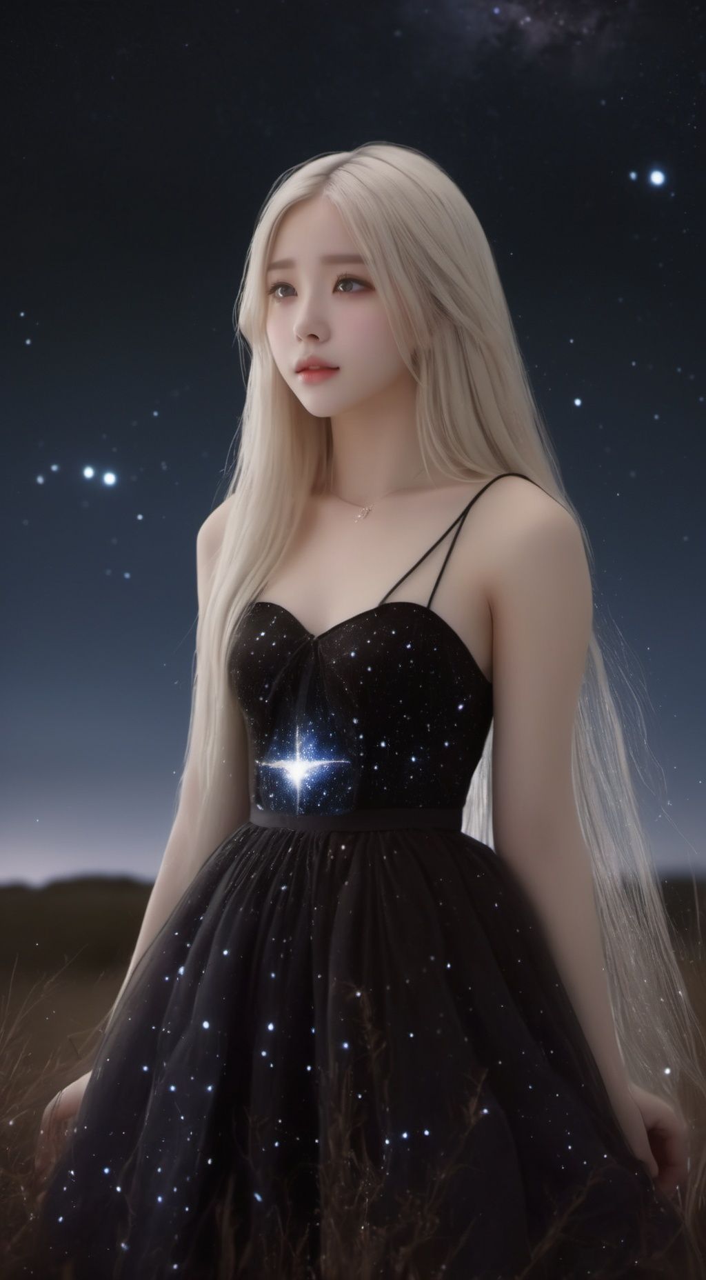 best quality,masterpiece,highres,cg,1girl,Photograph,high resolution,8k,photo of a petite pretty 24 year-old woman with white long hair,anime art,dark,Gothic,cancer,Dingdall effect, Starry Sky Skirt 