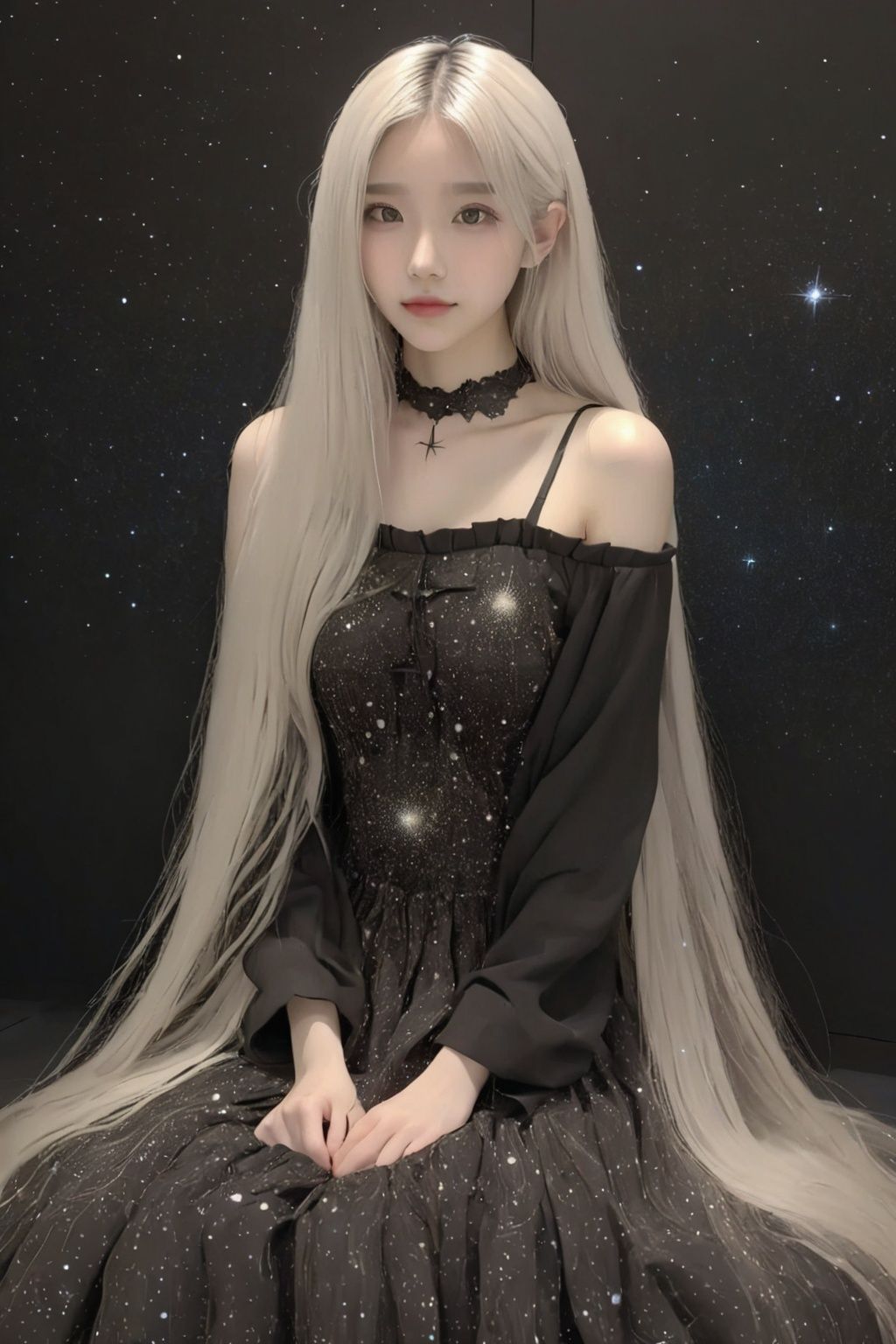 1girl,starry sky skirt ,An Asian woman around 24 years old,white long hair, Gothic,8K,high-quality, <lora:starry_sky:0.6>, <lora:cancer:0.8>,cancer 