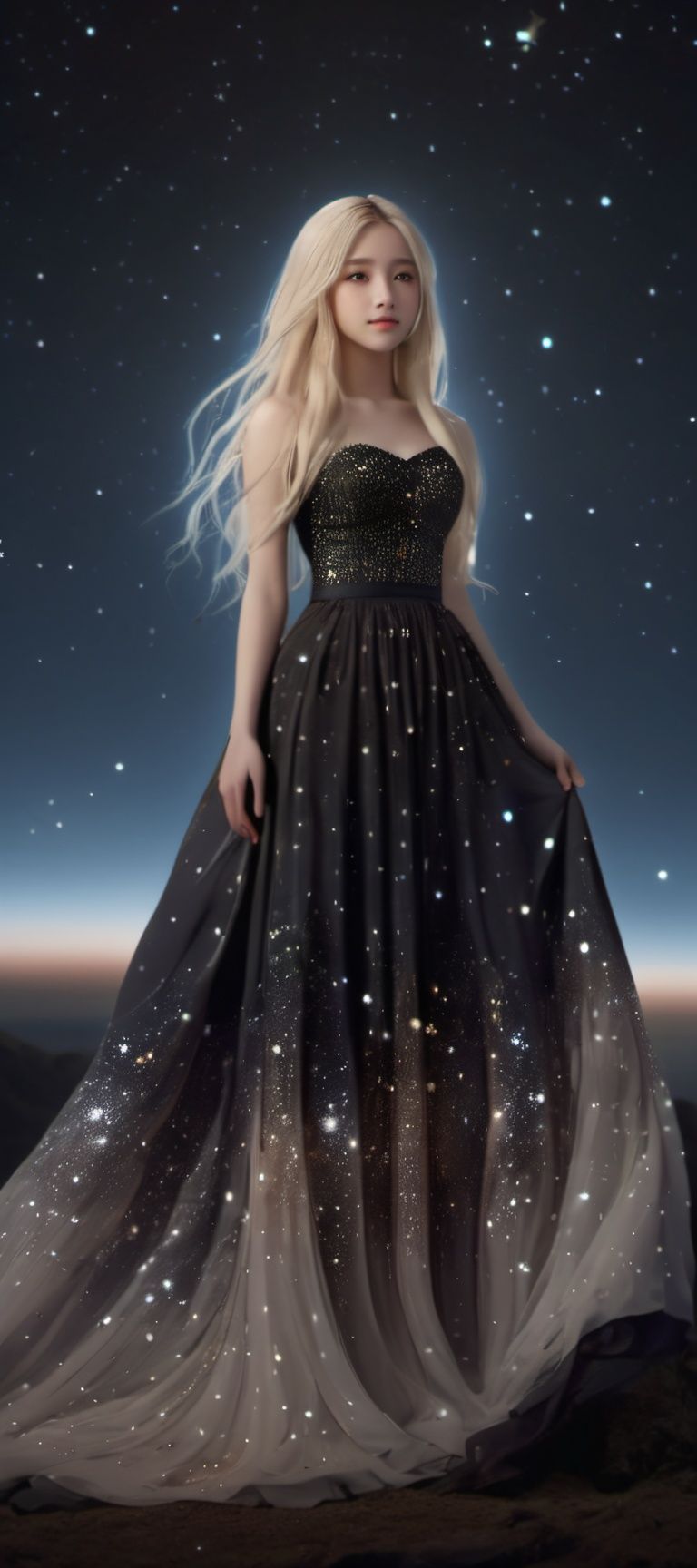 best quality,masterpiece,highres,cg,1girl,Photograph,high resolution,8k,photo of a petite pretty 24 year-old woman with white long hair,anime art,dark,Gothic,cancer,Dingdall effect, Starry Sky Skirt 