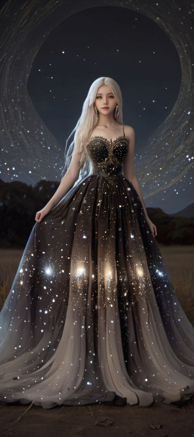 best quality,masterpiece,highres,cg,1girl,Photograph,high resolution,8k,mirror selfie,photo of a petite pretty 24 year-old woman with white long hair,anime art,dark,Gothic,cancer,Dingdall effect, Starry Sky Skirt 