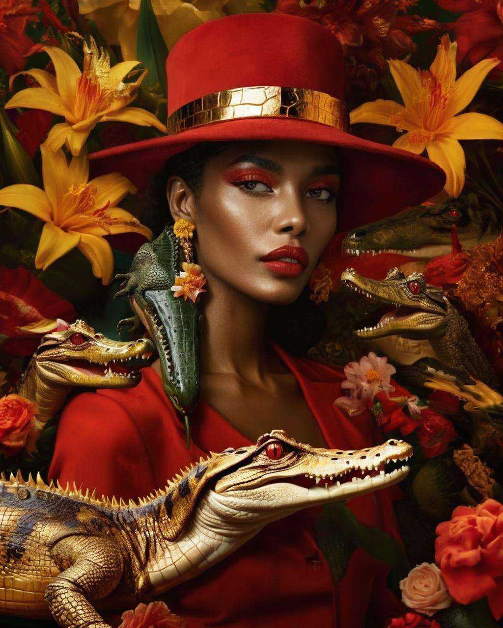 a woman in a red and gold outfit and a hat with Crocodile ,  Fauna_Portraits ,  surrounded by flowers on Tensor.Art
