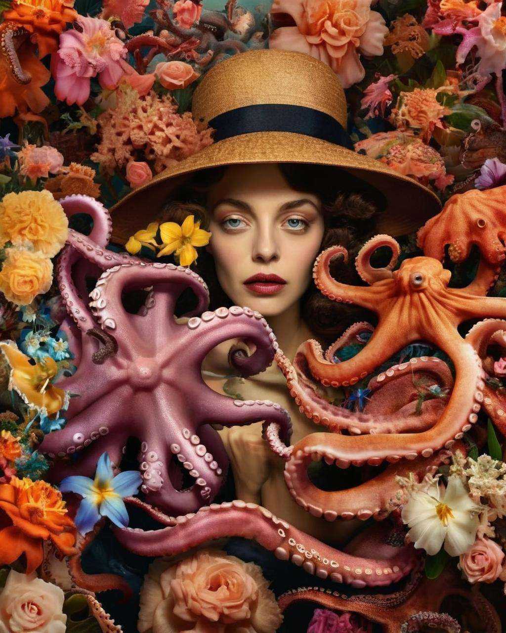 a woman with a hat on her head with Octopus ,  Fauna_Portraits ,  surrounded by flowers on Tensor.Art