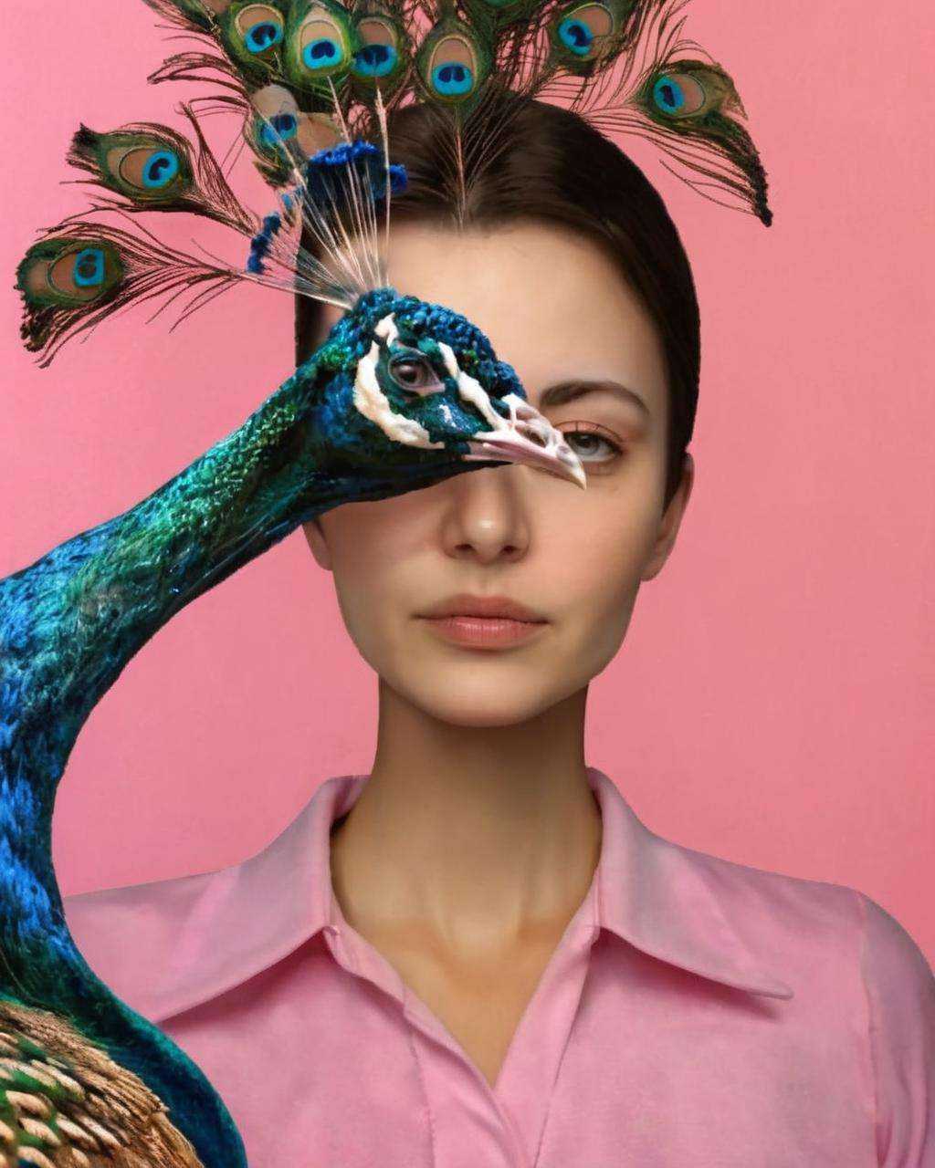 (( fauna_portrait )) ,  a woman with a pink shirt and a pink background ,  Peacock on Tensor.Art