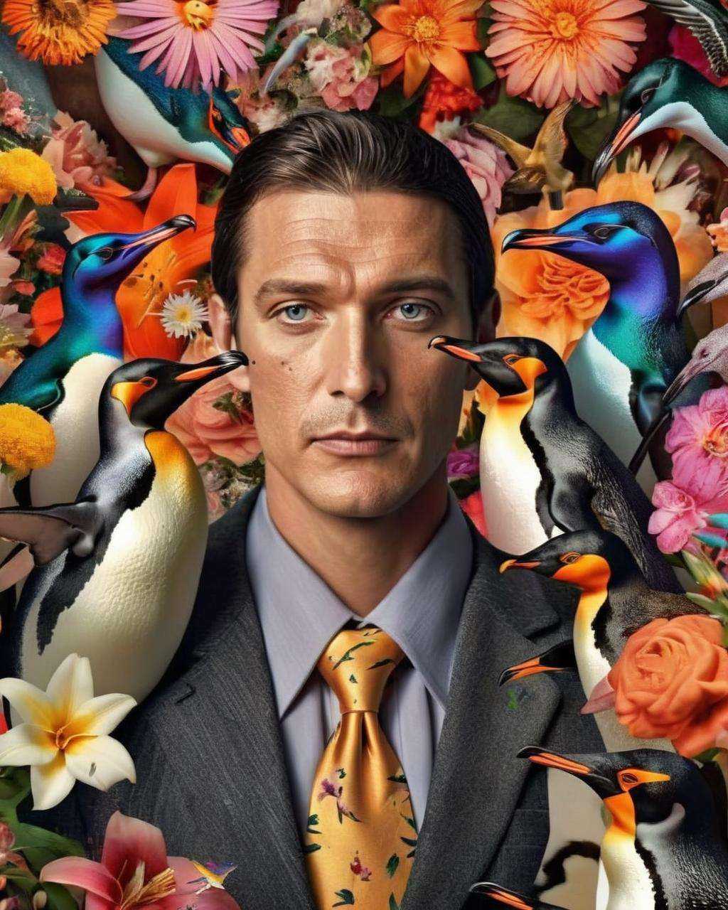 a man with a gray shirt and a tie with Penguin ,  Fauna_Portraits ,  surrounded by flowers and birds on Tensor.Art