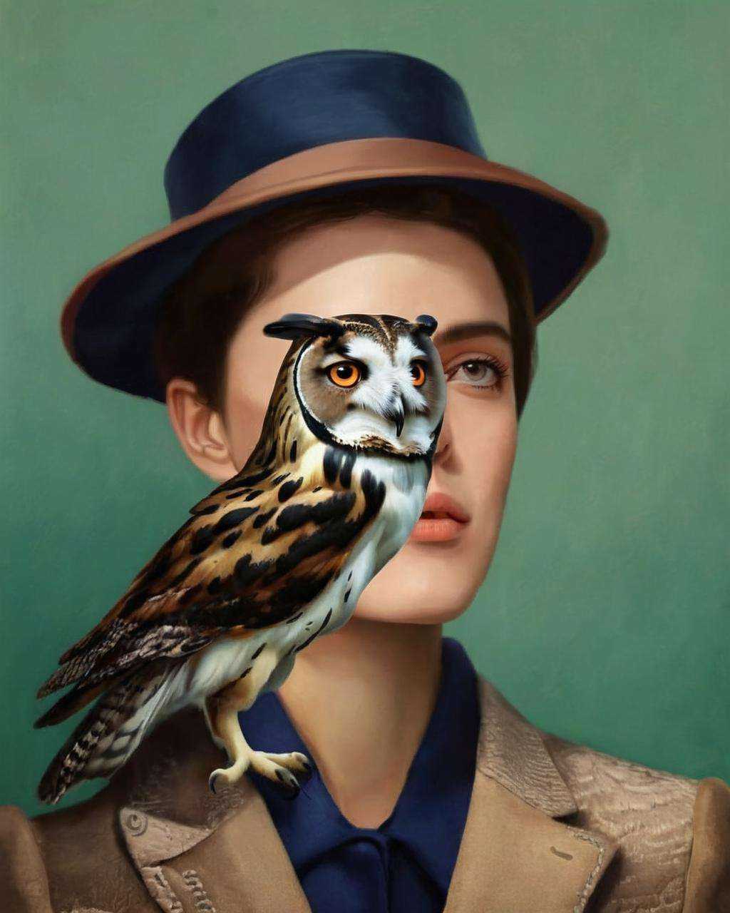 (( fauna_portrait )) ,  a woman with a hat and a jacket ,  Owl on Tensor.Art