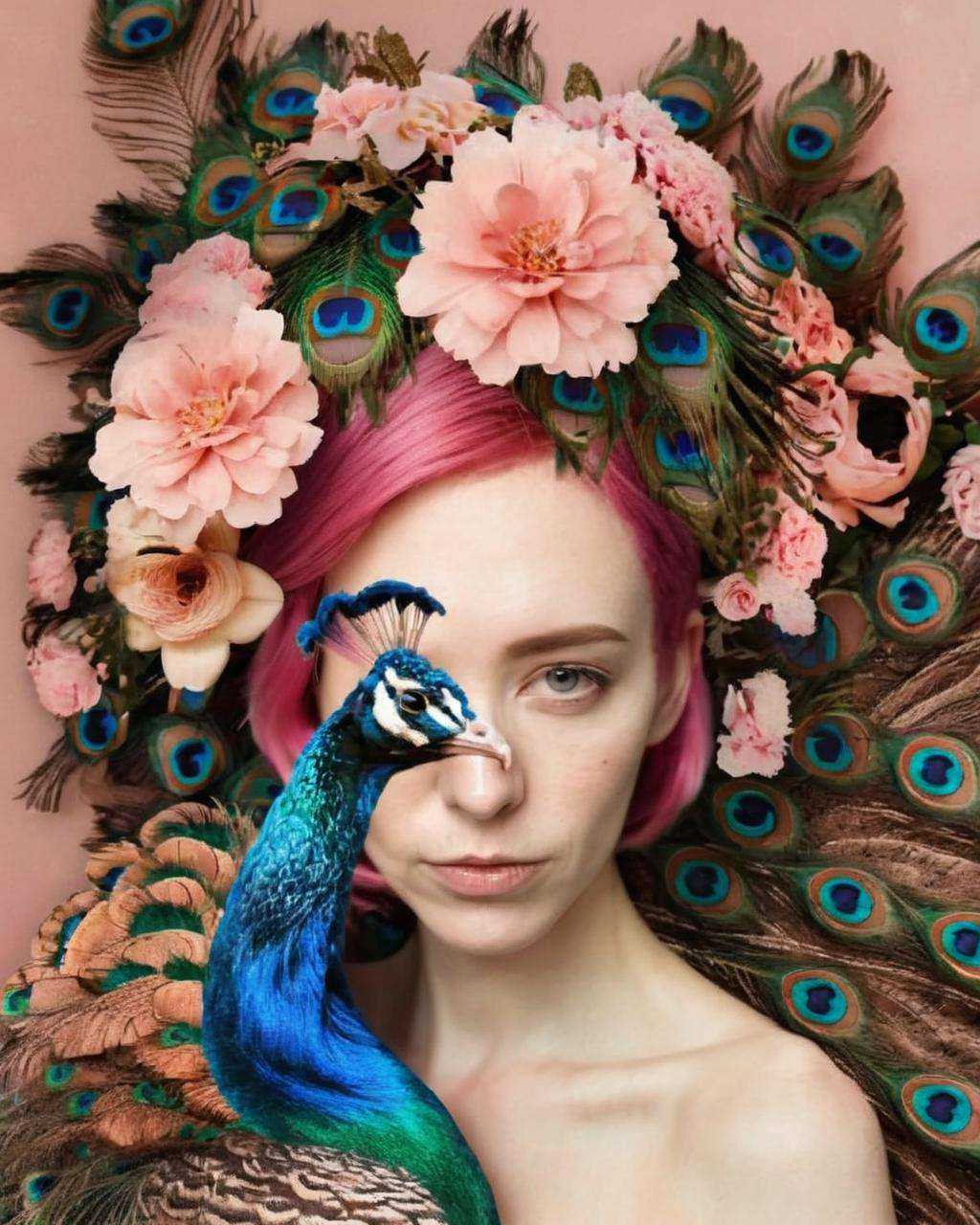 (( fauna_portrait )) ,  a woman with pink hair and a flower crown ,  Peacock on Tensor.Art