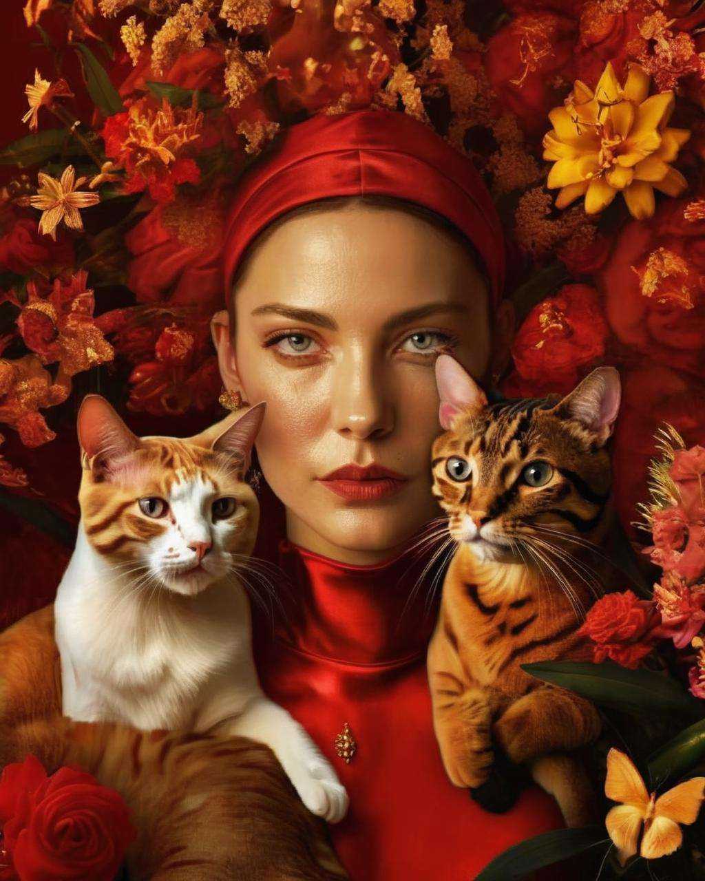 a woman in a red and gold outfit with Cat ,  Fauna_Portraits ,  surrounded by flowers on Tensor.Art