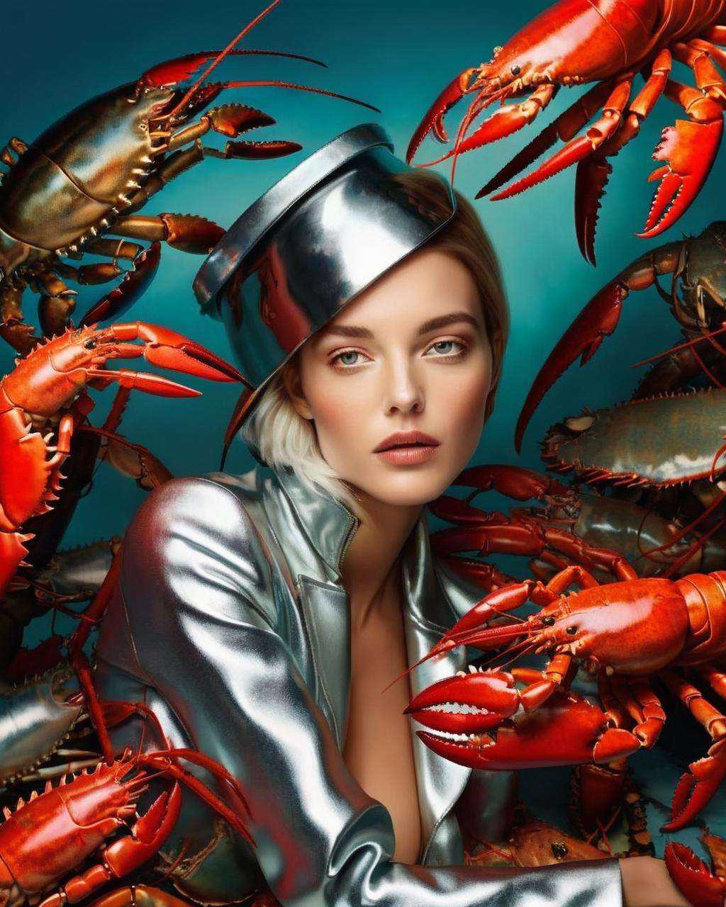 a woman with a silver jacket on posing for a picture ,  Fauna_Portraits ,  surrounded by Lobster on Tensor.Art