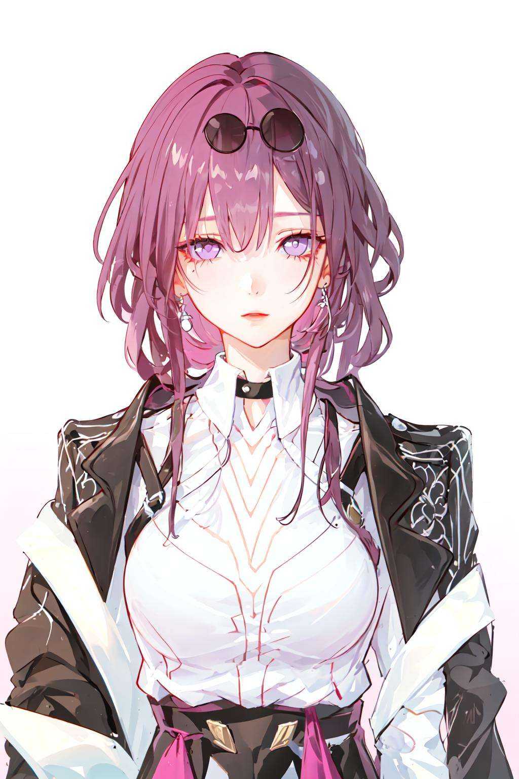 masterpiece, best quality, 1girl, <lora:StarRail_Kafka_AP_v1:0.85:LESS>, official, purple eyes, (empty eyes:1.2), eyewear on head, earring,shirt, black jacket, jacket on shoulders, medium breasts, arms at sides, upper body, looking at viewer, simple background, pink background, purple background, 