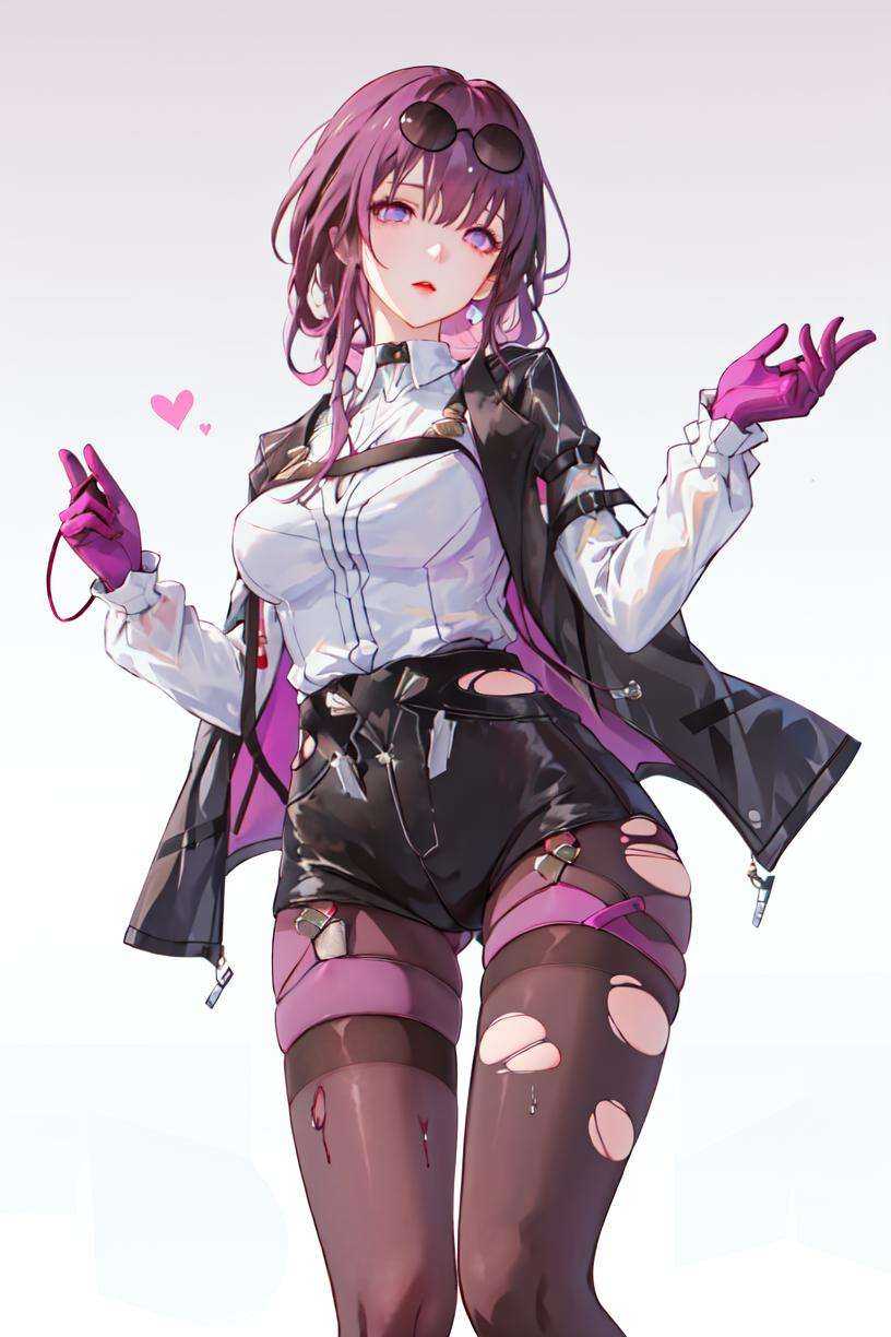 masterpiece, best quality, 1girl, <lora:StarRail_Kafka_AP_v1:0.85:LESS>, official, purple eyes, (empty eyes:1.2),  eyewear on head, black jacket, jacket on shoulders, shirt, medium breasts, purple gloves, shorts, pantyhose, black legwear, (torn legwear:1.2), (wet clothes:1.1),  wet,(from below:1.1), simple background, pink background, purple background, 