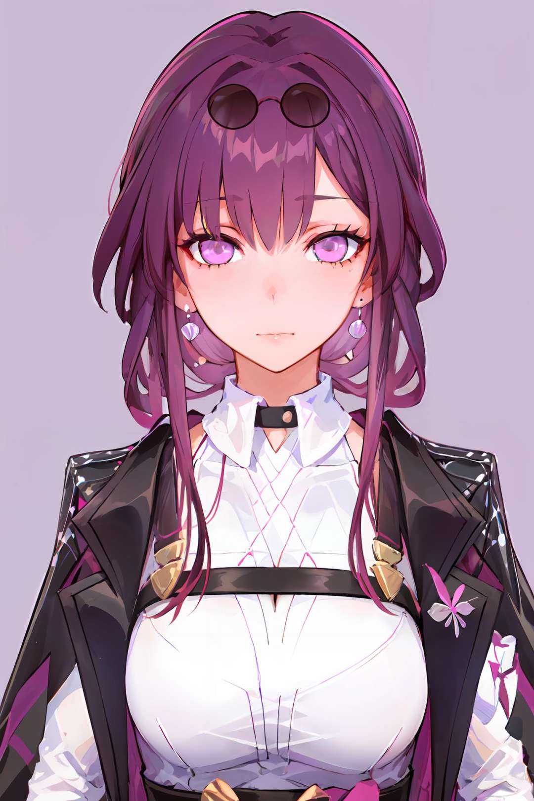 masterpiece, best quality, 1girl, official, purple eyes,<lora:StarRail_Kafka_AP_v4:0.95>,simple background, pink and purple background, white background, purple theme, 