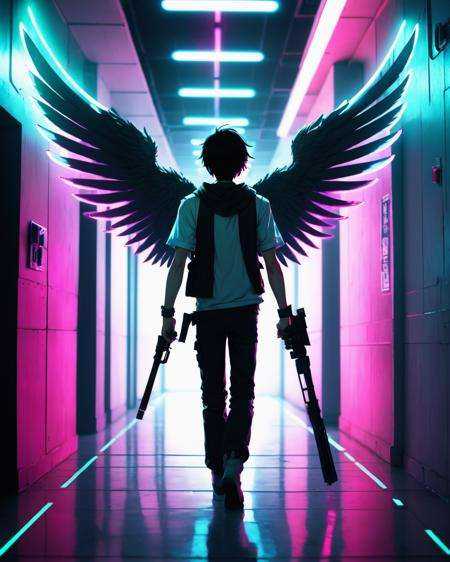 a man standing in a long hallway with neon lights ,  solo,  1boy on Tensor.Art