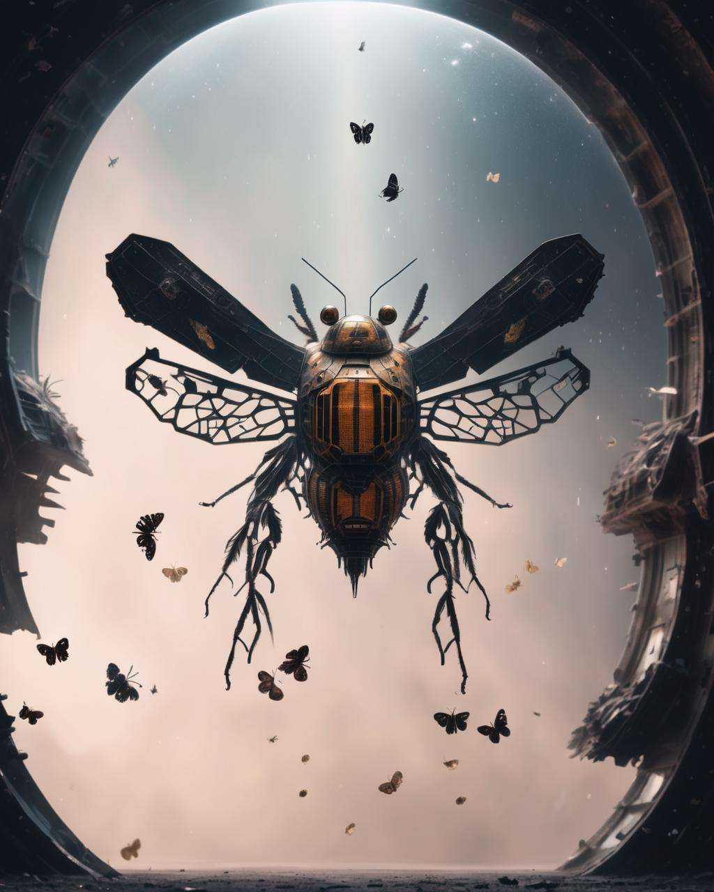 A hauntingly beautiful abandoned spaceship,  floating in the void of space,  its corroded hull and broken windows captured...