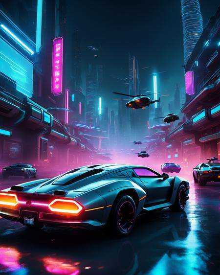 -A thrilling chase scene through a futuristic city,  with neon lights,  flying cars on Tensor.Art