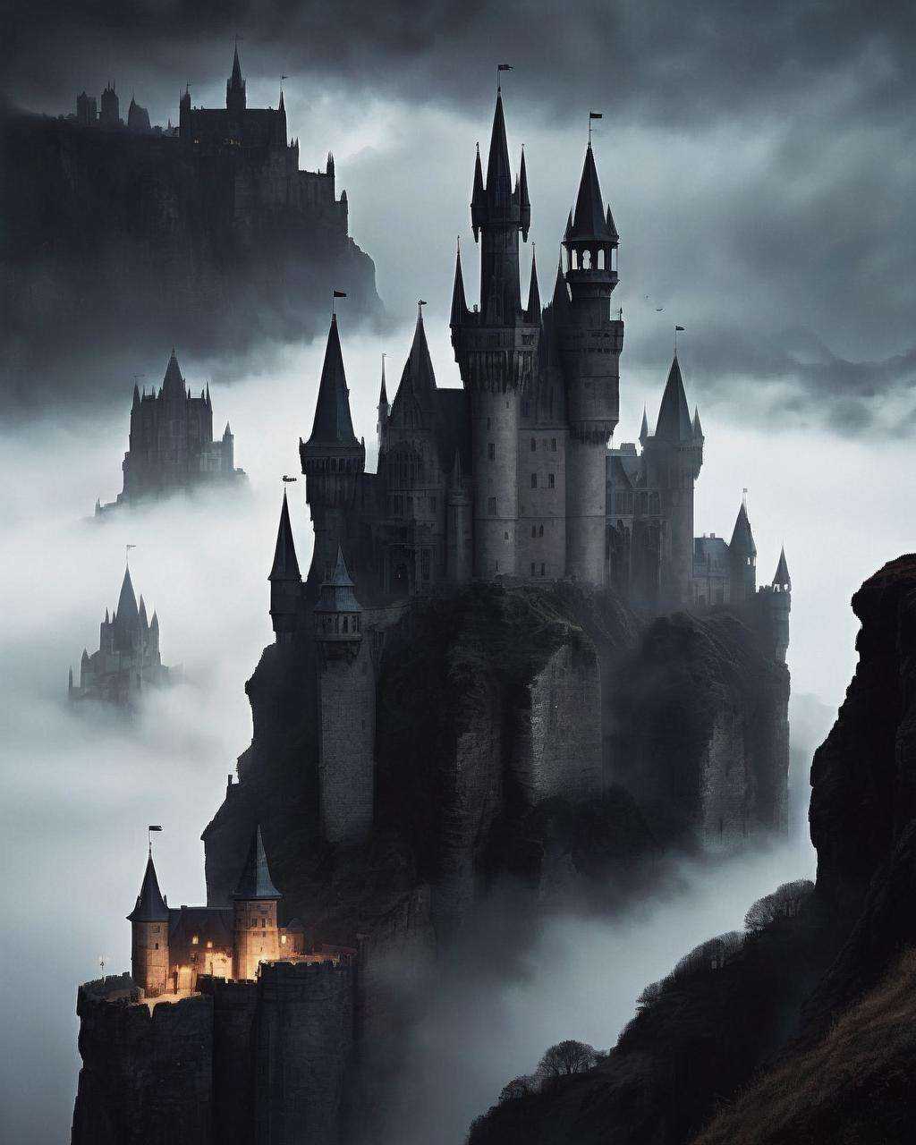 An imposing,  gothic castle shrouded in mist,  perched atop a jagged cliff on Tensor.Art