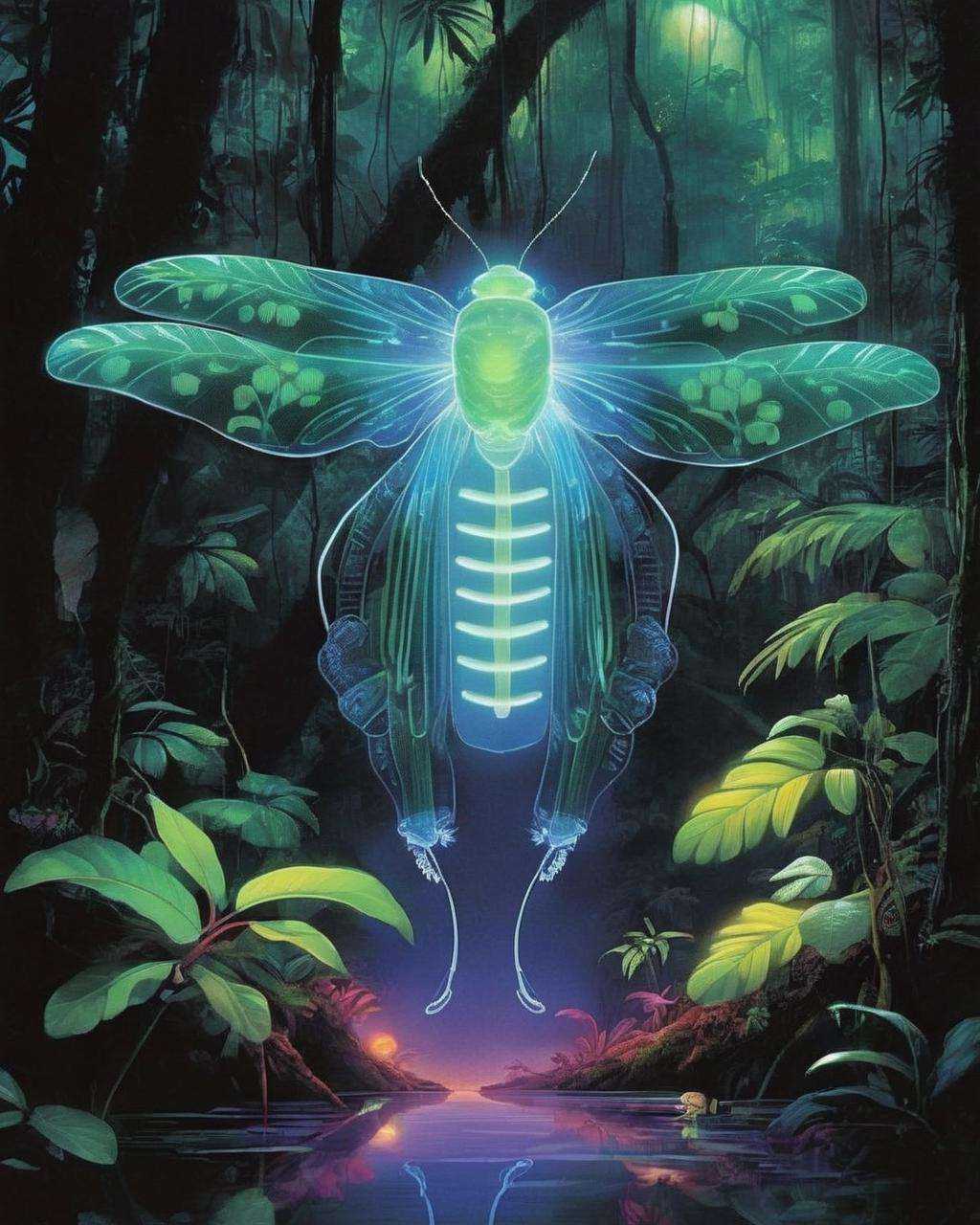Deep within a lush rainforest,  a scientist discovers a new species of bioluminescent insects,  their soft glow creating a...