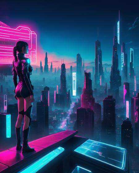 a futuristic city with neon lights and a man standing on top of a building ,  1girl,  solo on Tensor.Art