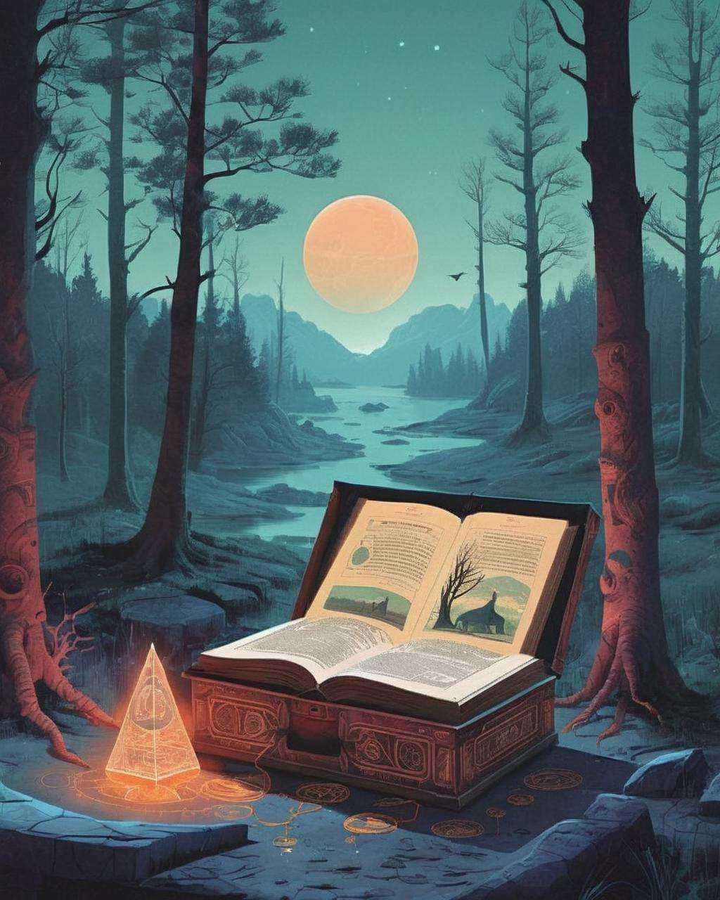 Amongst the pages of an ancient tome,  intricate illustrations come to life,  revealing the secrets of an arcane world fil...