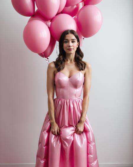 a woman in a pink dress holding a bunch of balloons on Tensor.Art