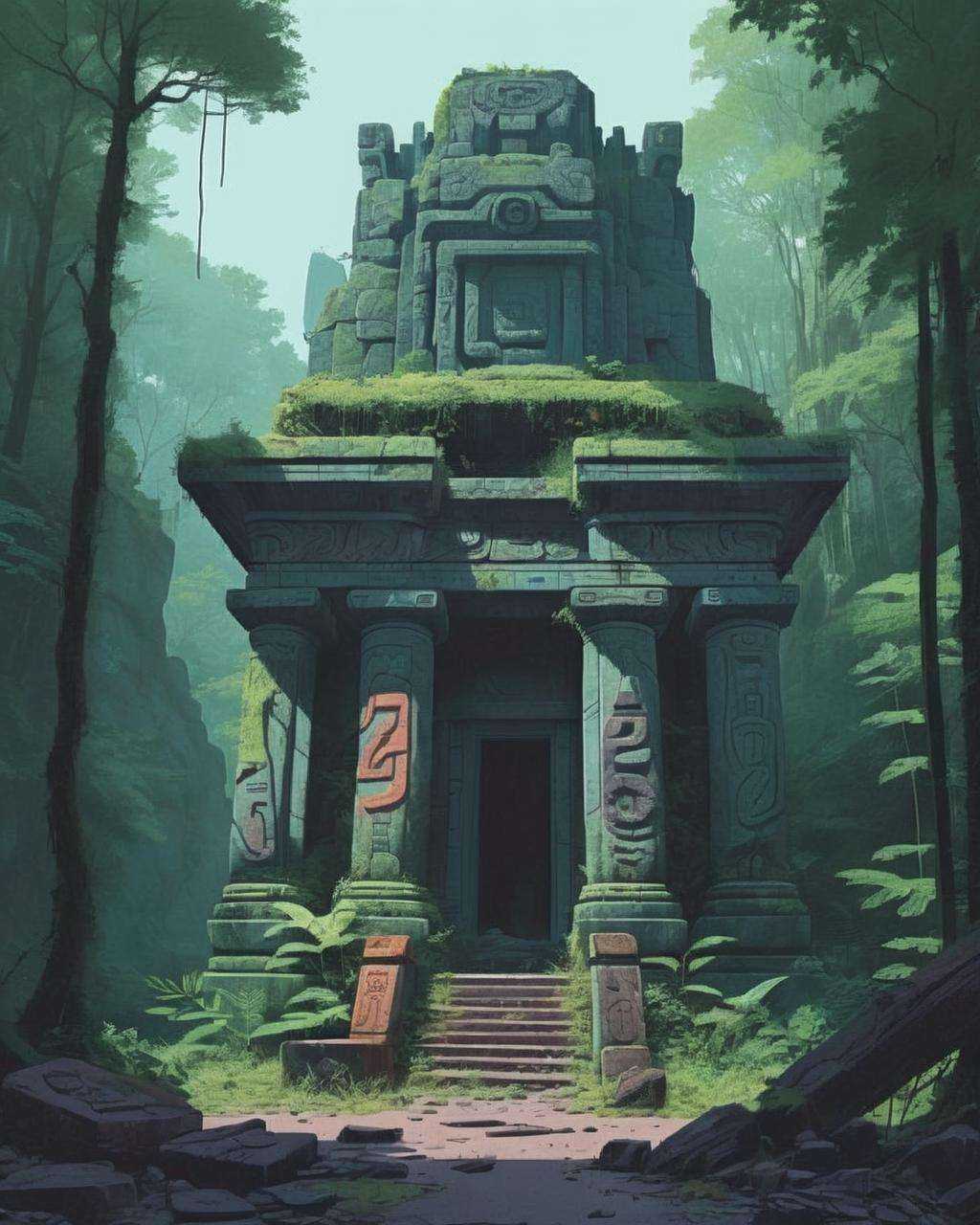 An ancient,  overgrown temple nestled in a dense jungle,  its crumbling stone façade and intricate carvings captured in a...