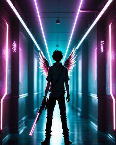 a man standing in a long hallway with neon lights ,  solo,  1boy on Tensor.Art