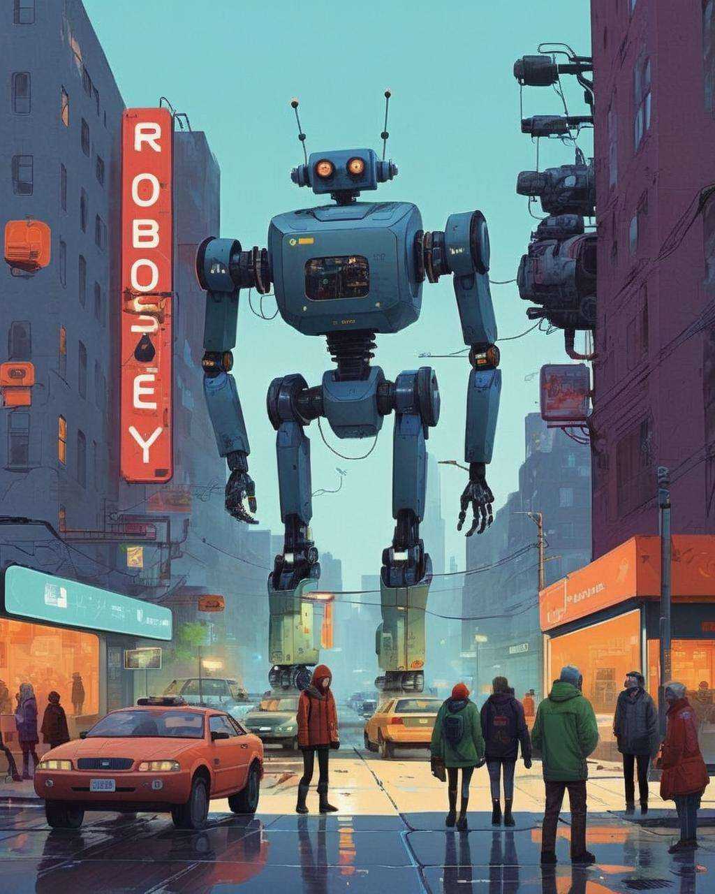 In a bustling futuristic city,  robotic companions assist humans in their daily tasks,  a harmonious coexistence of techno...