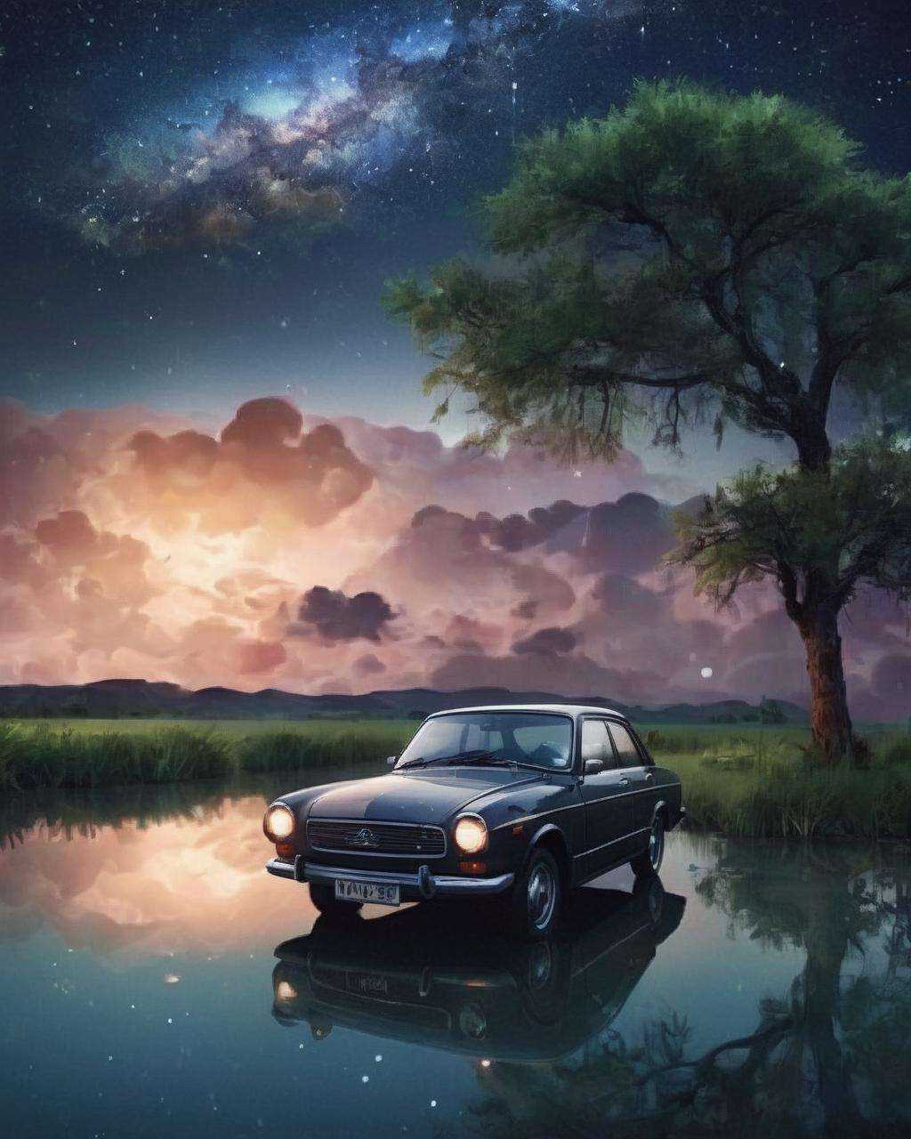 a car is parked in the water at night ,  outdoors,  sky on Tensor.Art