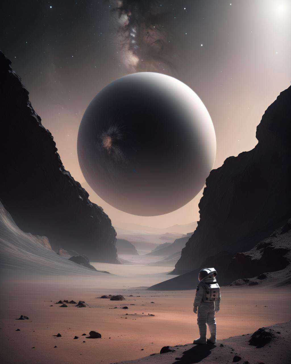 A lone astronaut standing on the surface of a barren alien planet,  the alien landscape stretching out before them,  captu...