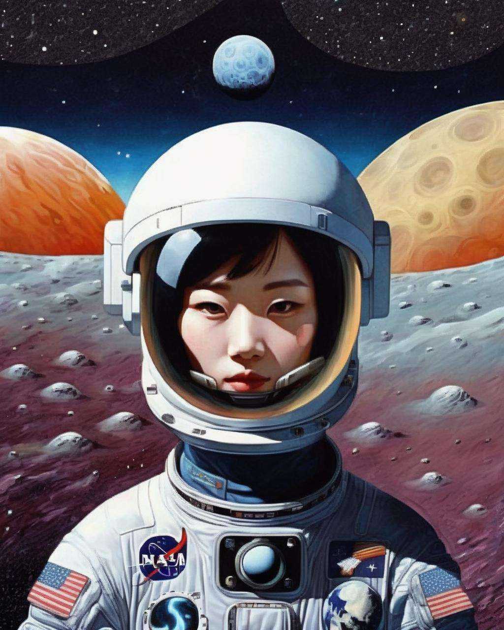 A brave astronaut,  visor reflecting the vastness of space,  standing on the surface of a distant moon on Tensor.Art