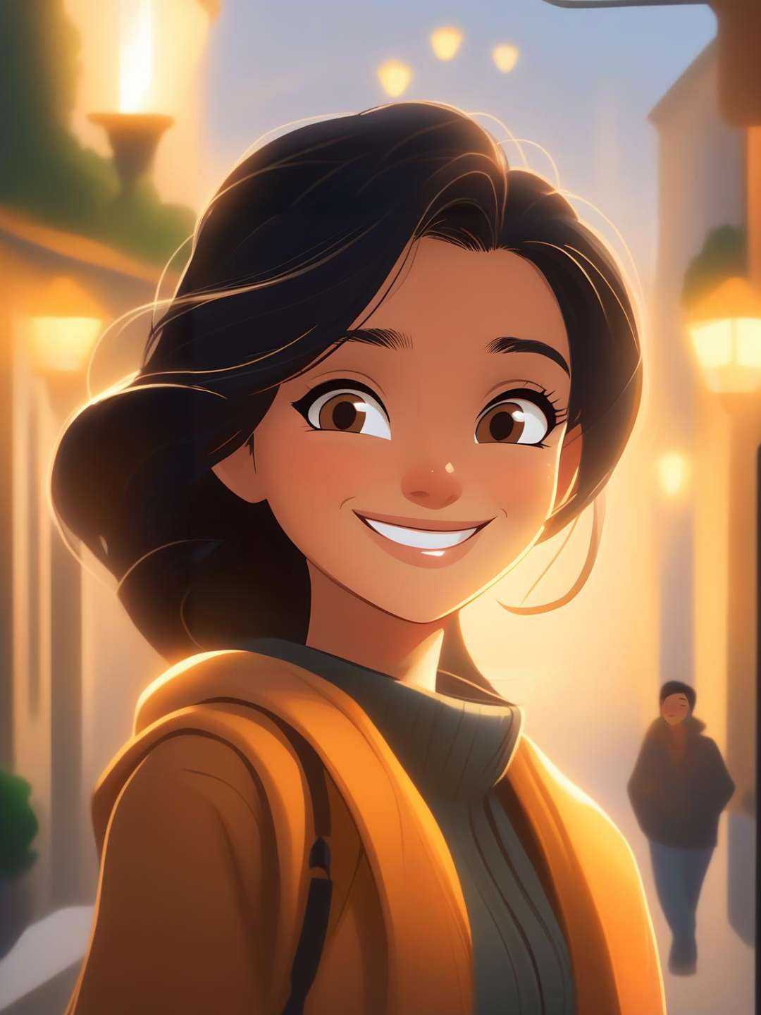 A young brunette woman with light brown eyes,  black hair,  looking while smiling on Tensor.Art