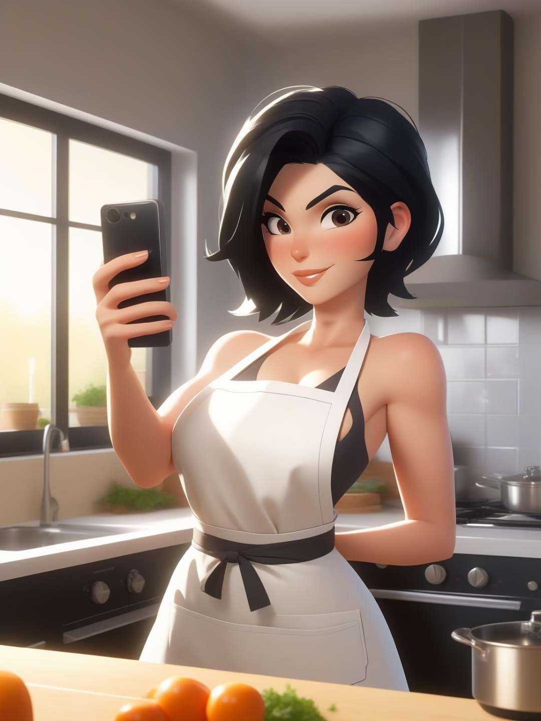 pov selfie,  portrait of beautiful milf in white apron,  bare shoulders on Tensor.Art