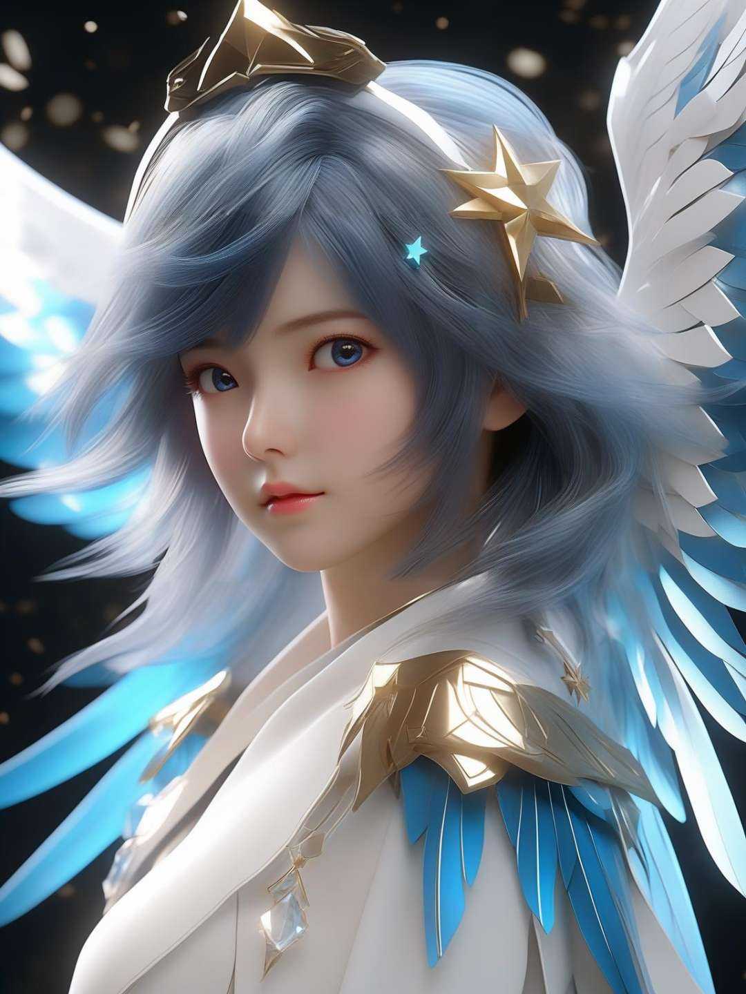 A girl in white with blue wings,  in the style of charming anime characters,  photo - realistic techniques on Tensor.Art