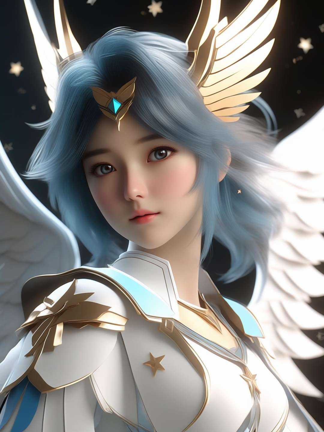 A girl in white with blue wings,  in the style of charming anime characters,  photo - realistic techniques on Tensor.Art